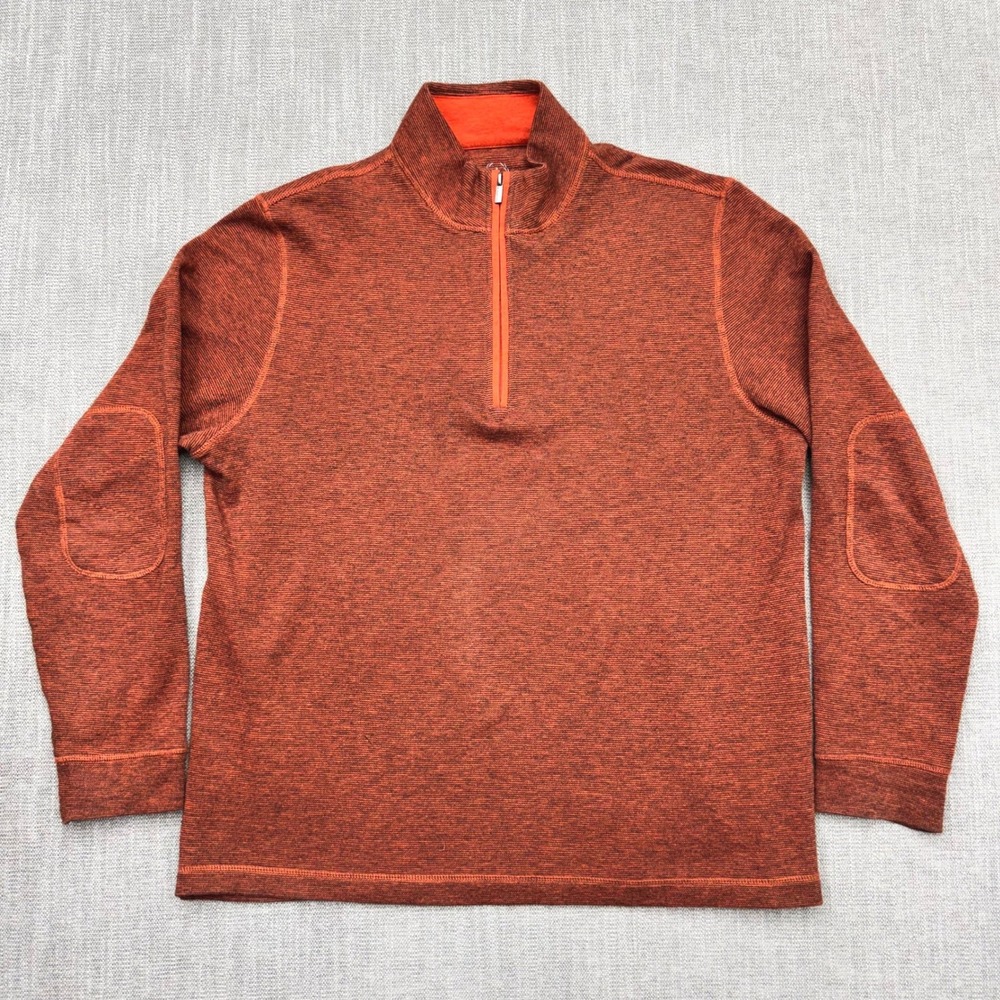 Bugatchi Uomo Mens Orange Space Dye Quarter Zip Pullover Elbow Patches Large